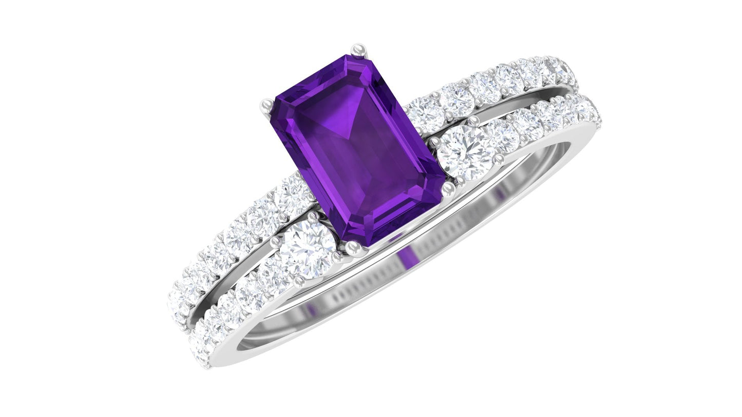 Certified Real 1.4 Carat Emerald Cut Amethyst Wedding Bridal Ring Set with Diamond