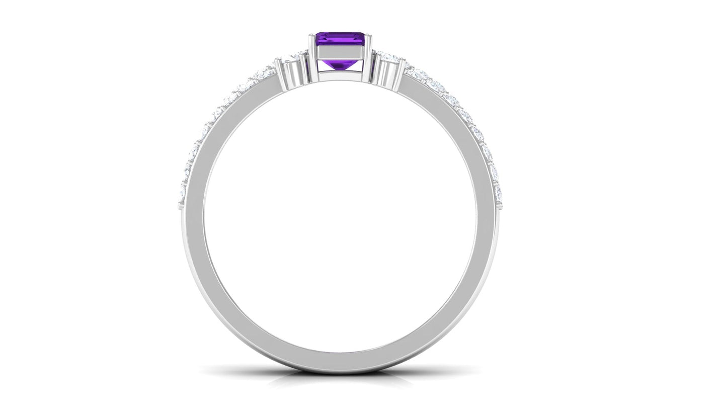 Certified Real 1.4 Carat Emerald Cut Amethyst Wedding Bridal Ring Set with Diamond