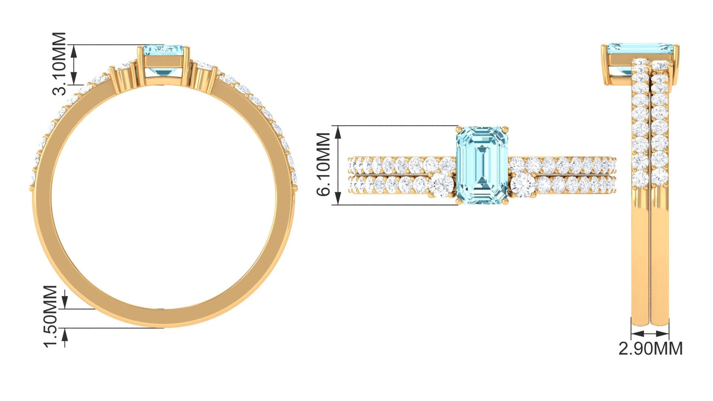 Natural 0.6 Carat Aquamarine and Diamond Emerald Cut Bridal Ring Set