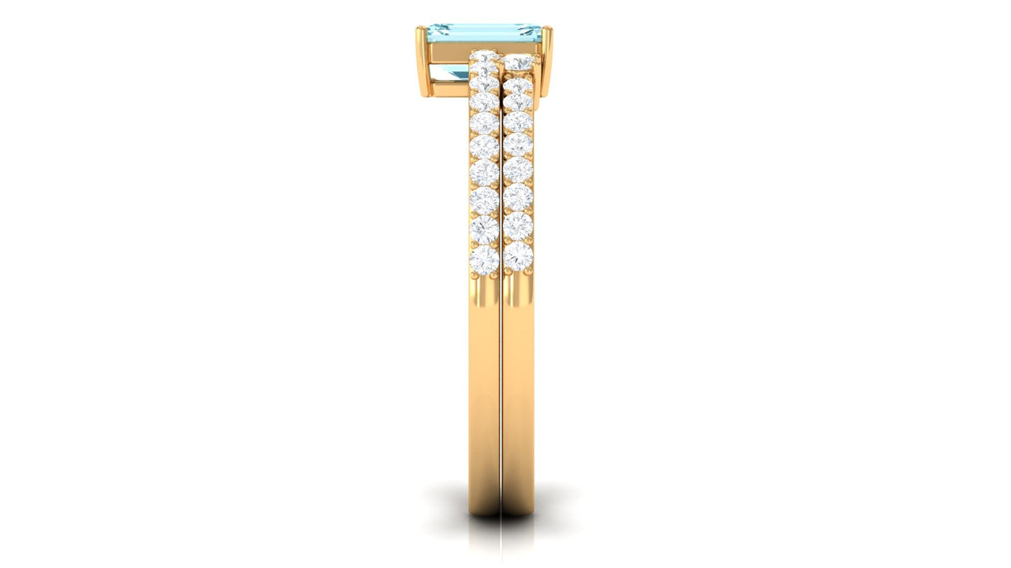 Natural 0.6 Carat Aquamarine and Diamond Emerald Cut Bridal Ring Set