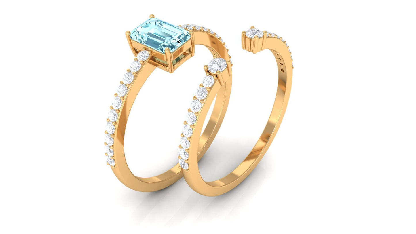 Natural 0.6 Carat Aquamarine and Diamond Emerald Cut Bridal Ring Set