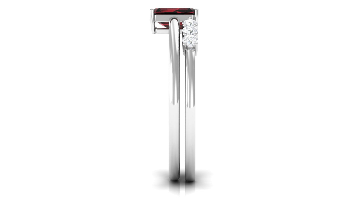 Certified Natural Garnet Diamond Emerald Cut Wedding Bridal Ring Set