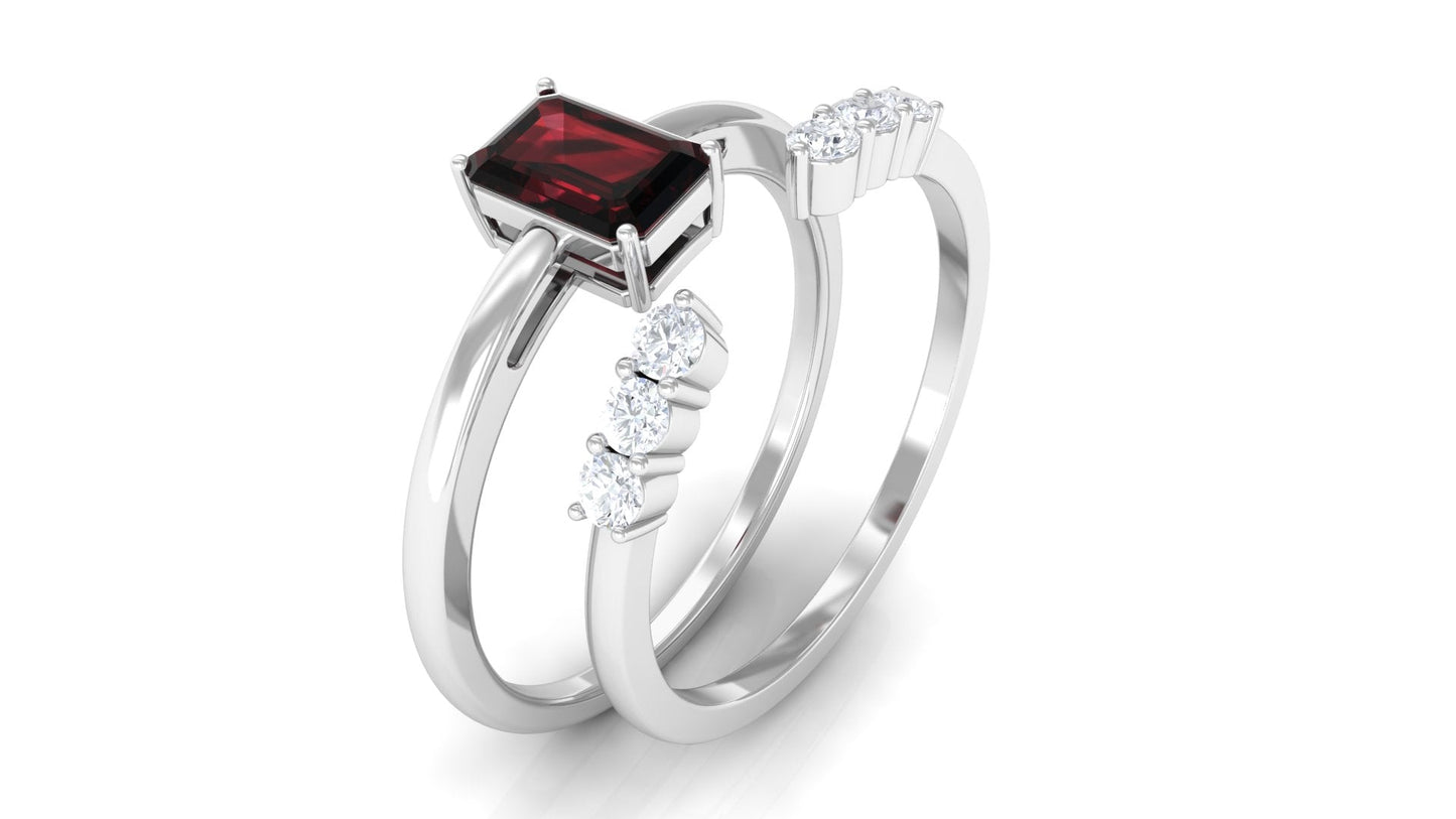 Certified Natural Garnet Diamond Emerald Cut Wedding Bridal Ring Set