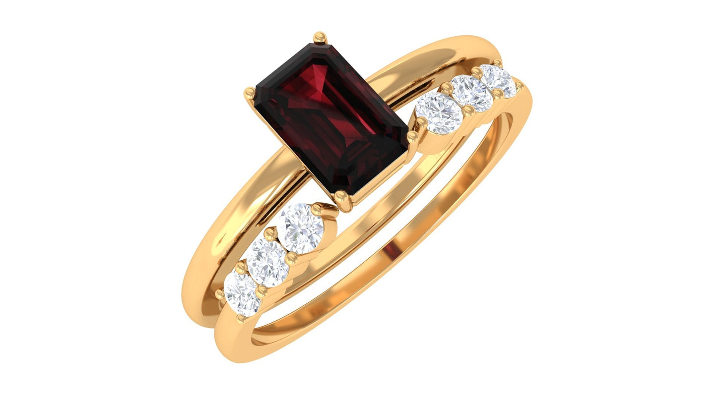 Certified Natural Garnet Diamond Emerald Cut Wedding Bridal Ring Set