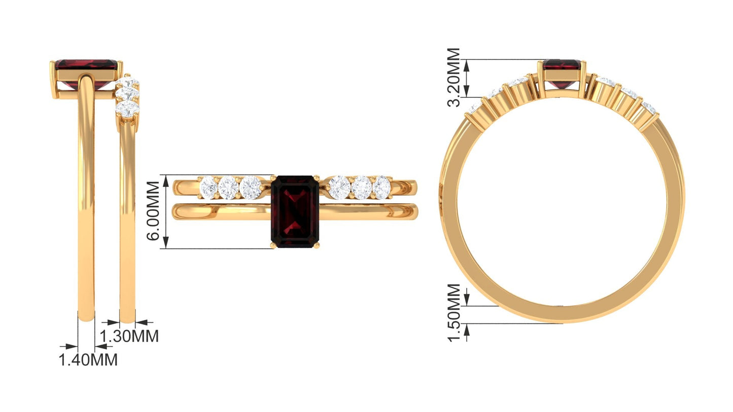 Certified Natural Garnet Diamond Emerald Cut Wedding Bridal Ring Set