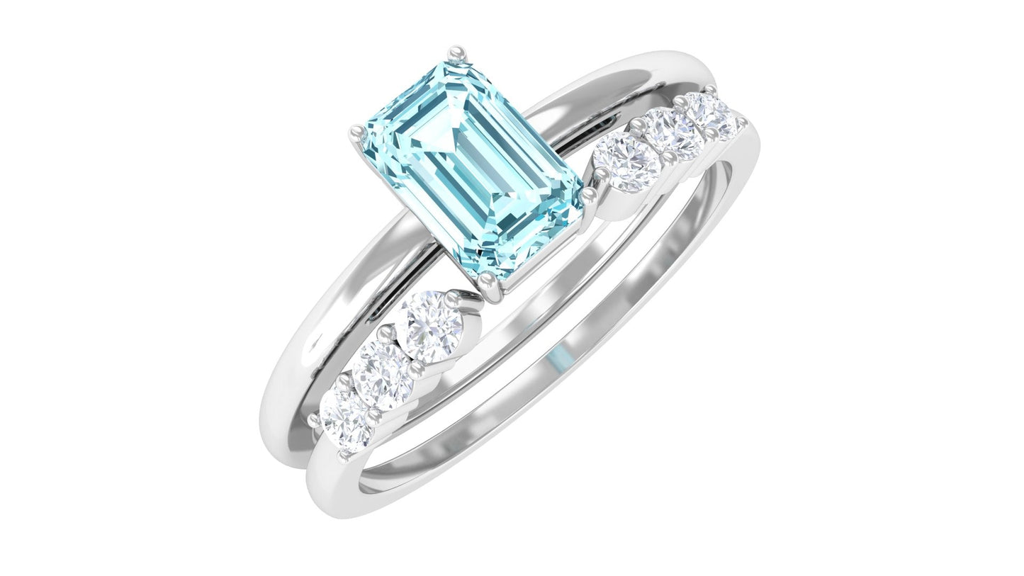 Solitaire 0.6 Carat Aquamarine and Diamond Emerald Cut Stackable Ring Set