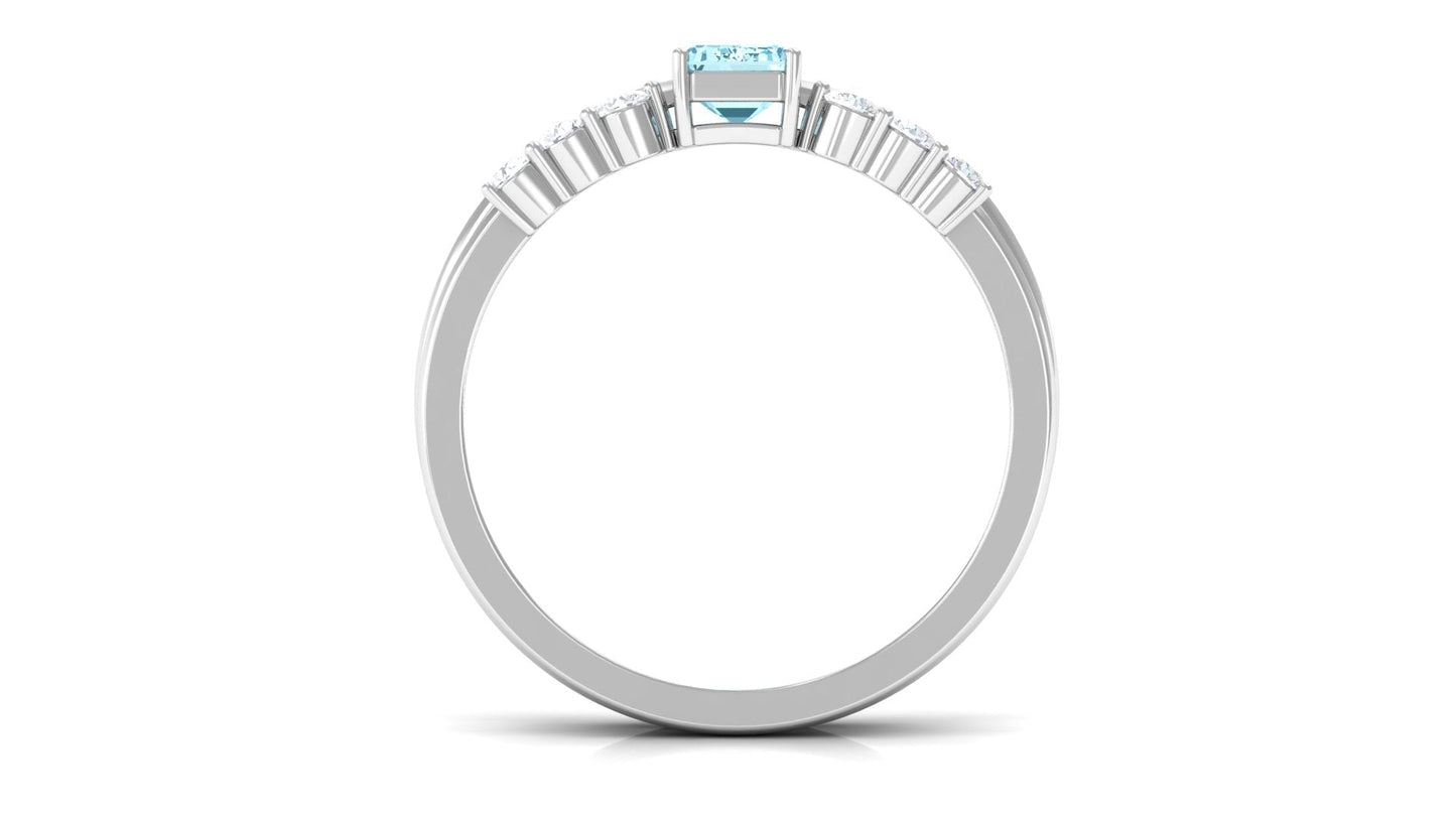 Solitaire 0.6 Carat Aquamarine and Diamond Emerald Cut Stackable Ring Set
