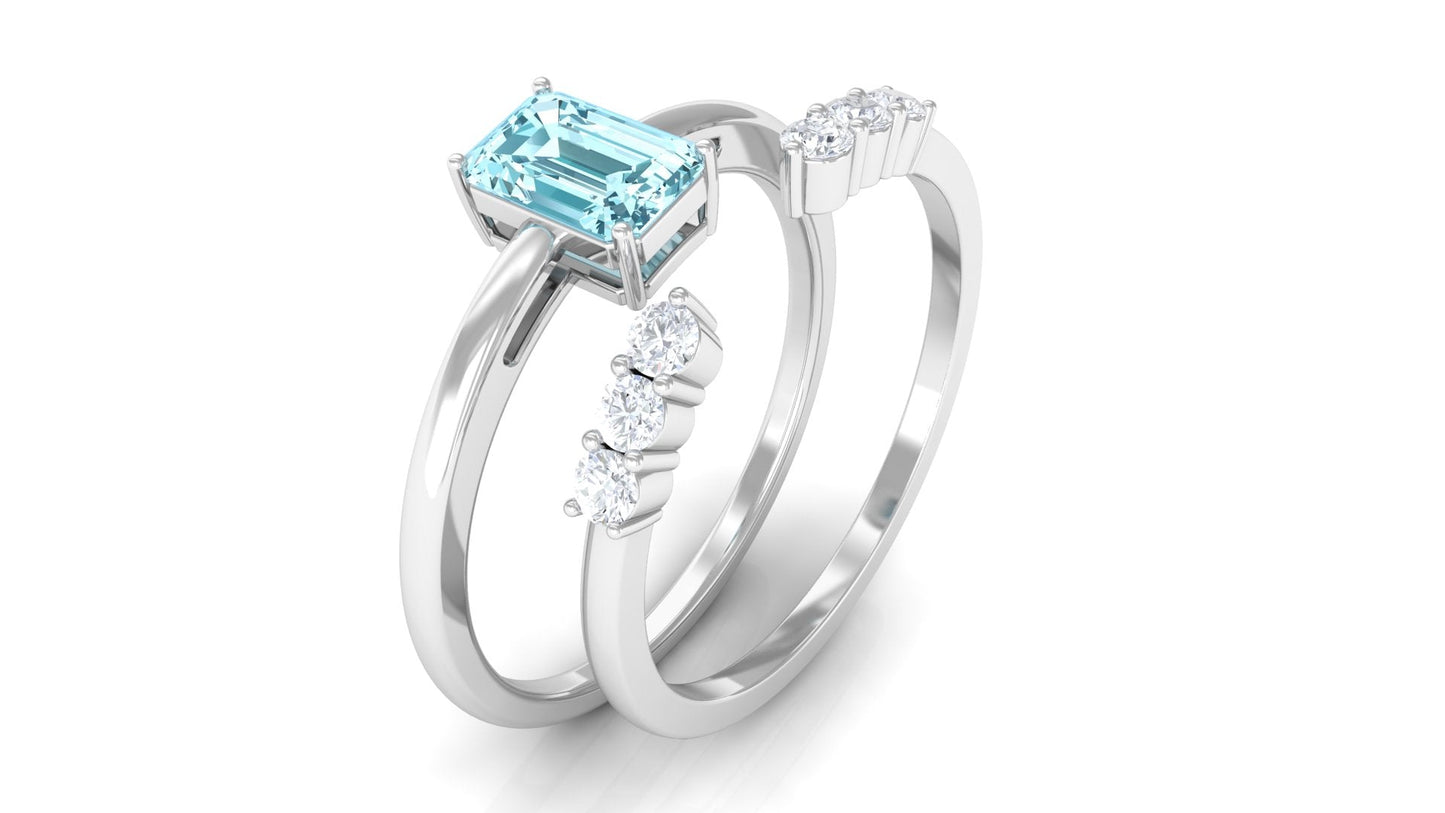 Solitaire 0.6 Carat Aquamarine and Diamond Emerald Cut Stackable Ring Set