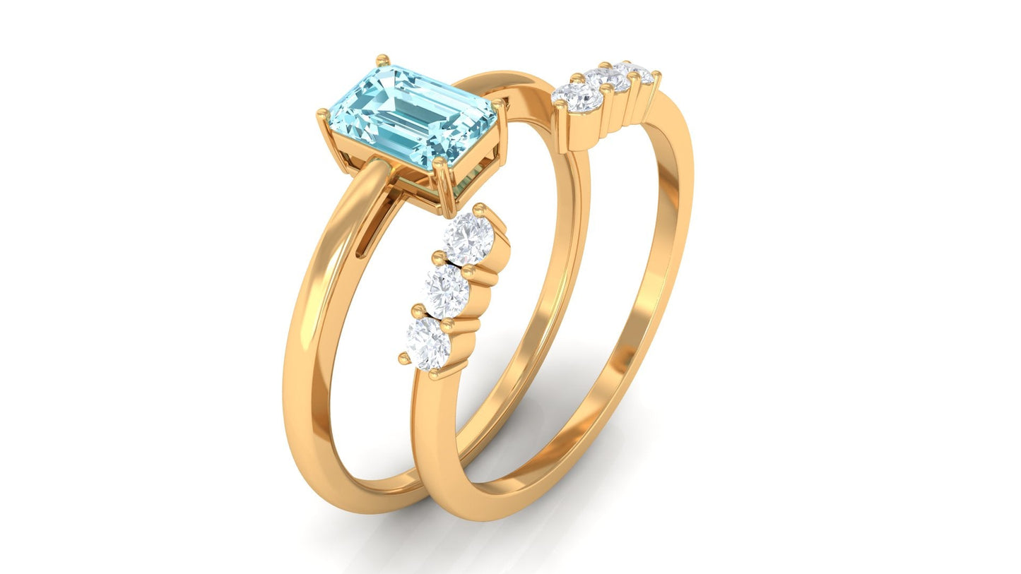 Solitaire 0.6 Carat Aquamarine and Diamond Emerald Cut Stackable Ring Set