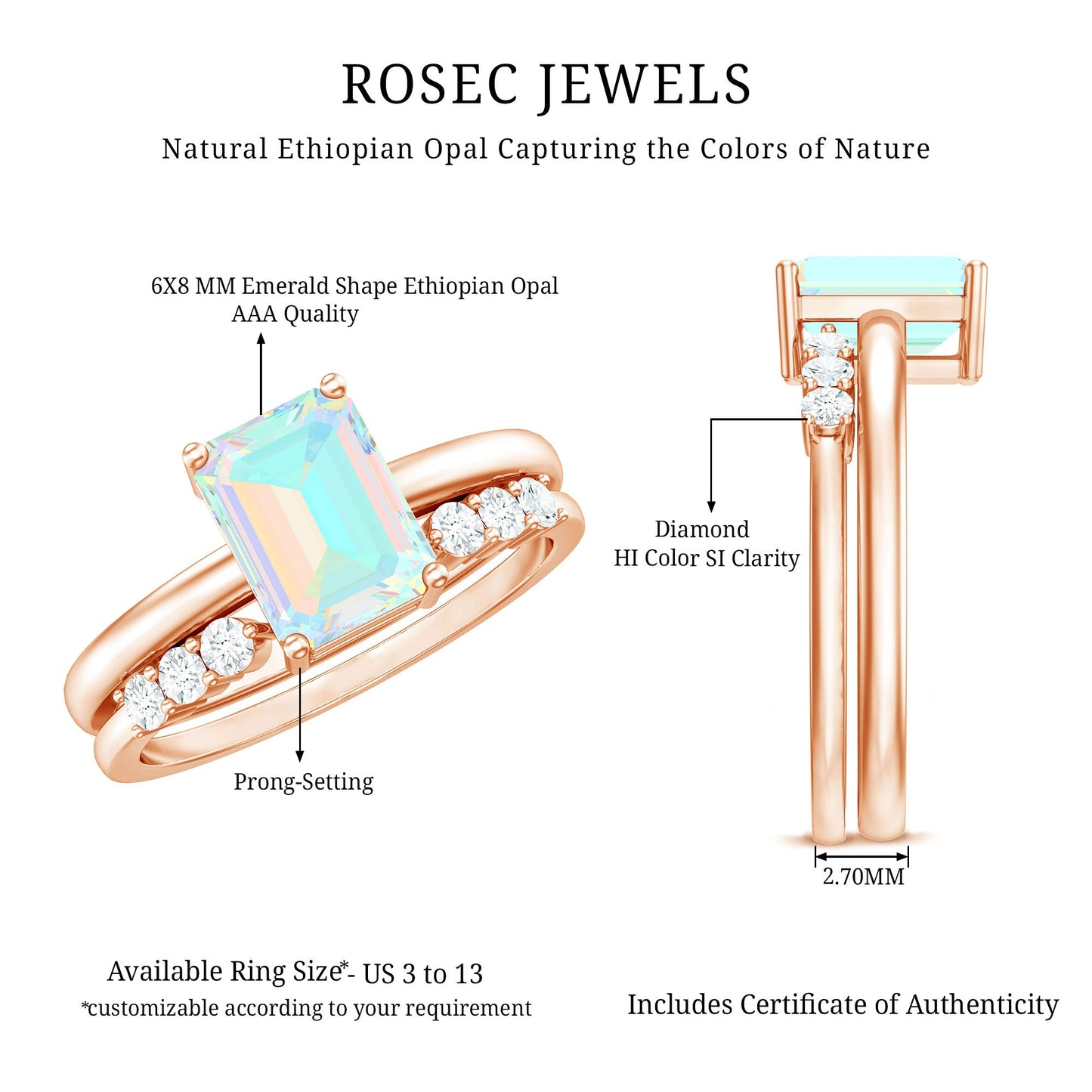 2 Carat Emerald Cut Ethiopian Opal Solitaire Ring Set with Diamond Enhancer