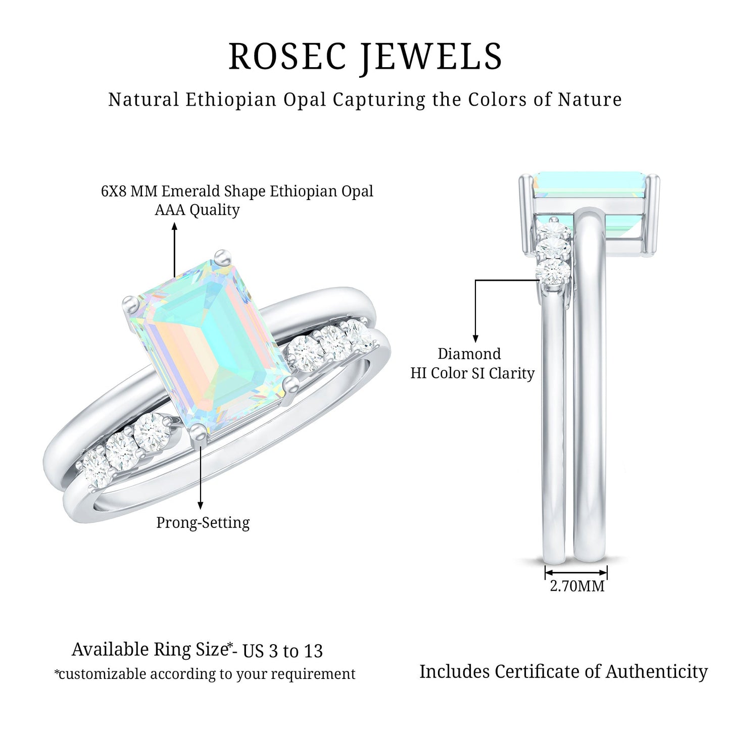 2 Carat Emerald Cut Ethiopian Opal Solitaire Ring Set with Diamond Enhancer