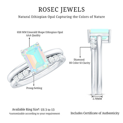 2 Carat Emerald Cut Ethiopian Opal Solitaire Ring Set with Diamond Enhancer