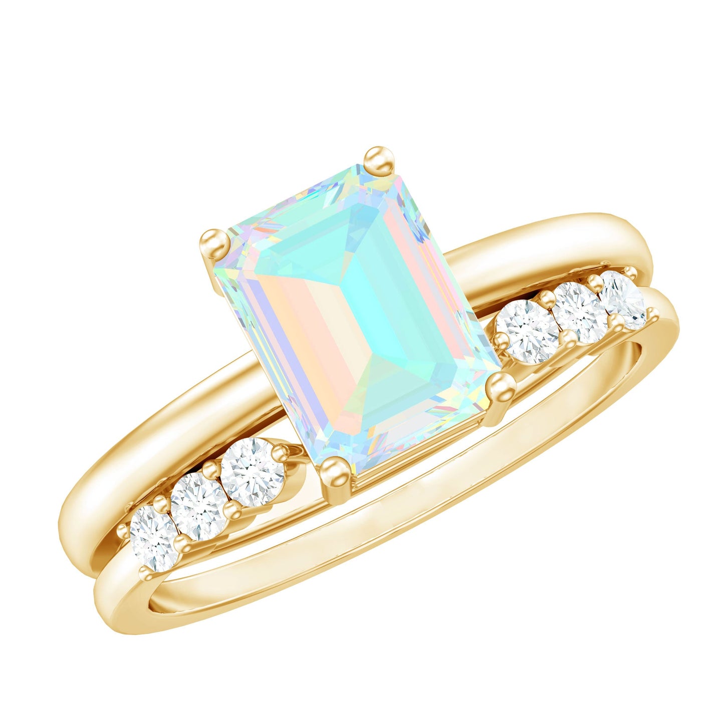 2 Carat Emerald Cut Ethiopian Opal Solitaire Ring Set with Diamond Enhancer