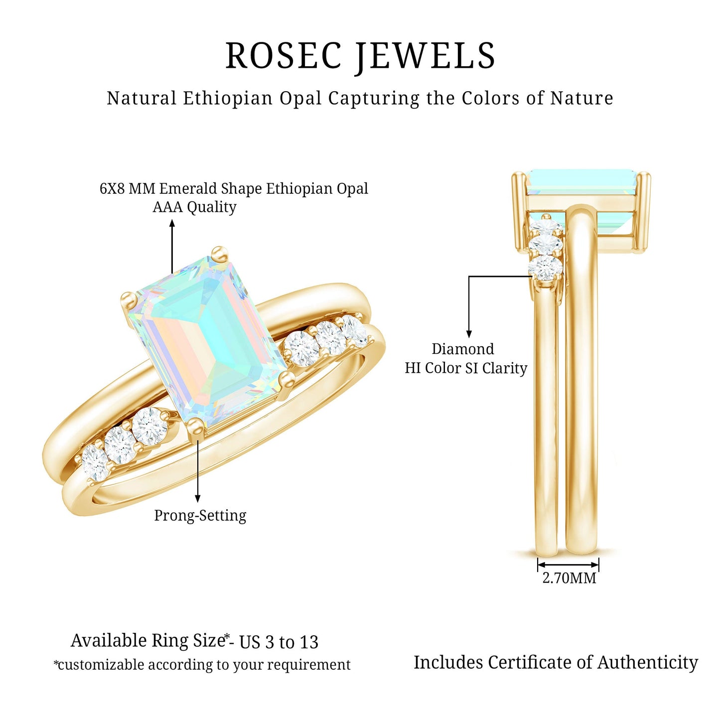 2 Carat Emerald Cut Ethiopian Opal Solitaire Ring Set with Diamond Enhancer