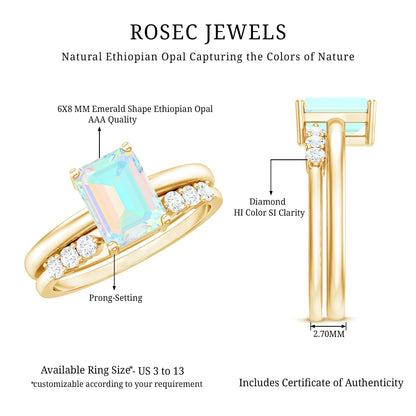 2 Carat Emerald Cut Ethiopian Opal Solitaire Ring Set with Diamond Enhancer