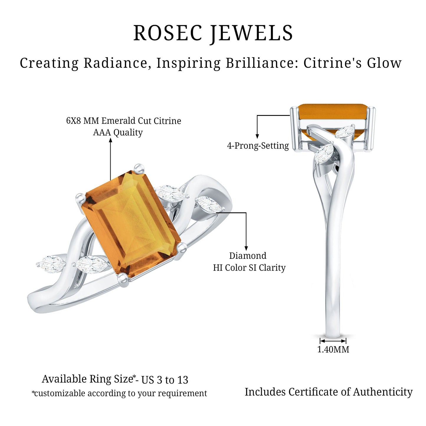 Natural 1.8 Carat Citrine Emerald Cut Engagement Ring with Diamond