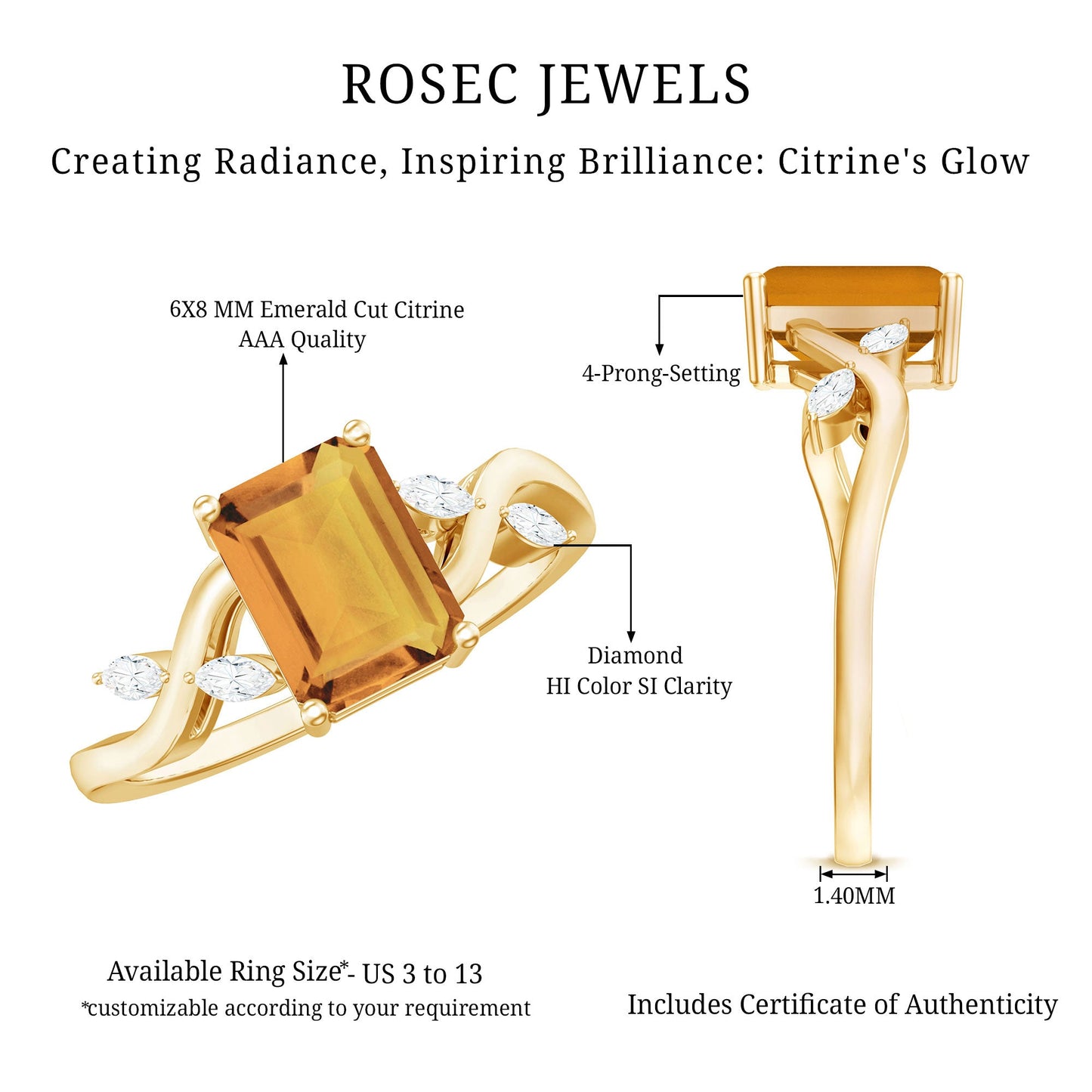 Natural 1.8 Carat Citrine Emerald Cut Engagement Ring with Diamond