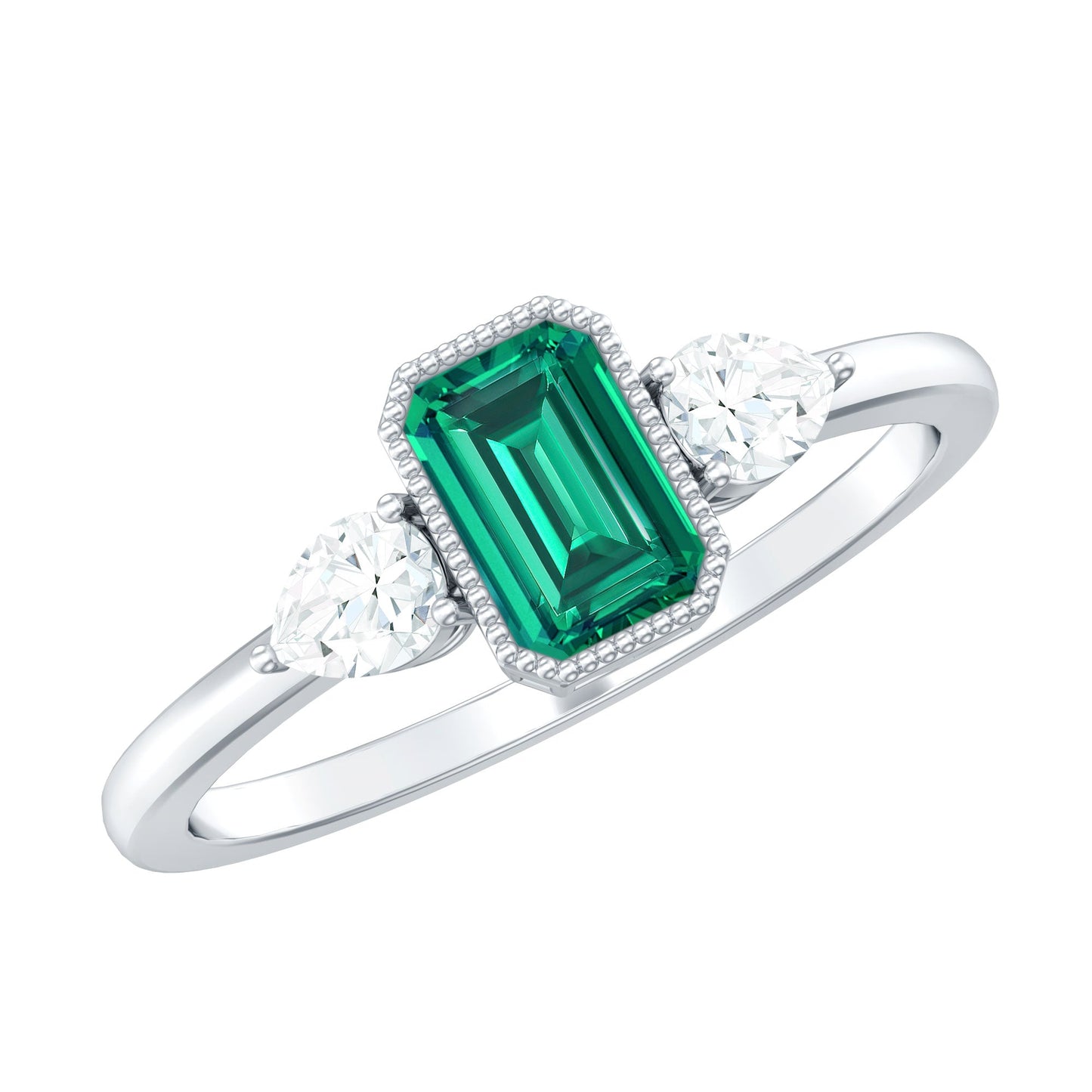 Emerald Cut Lab Grown Emerald Diamond Three Stone Ring with Beaded Details