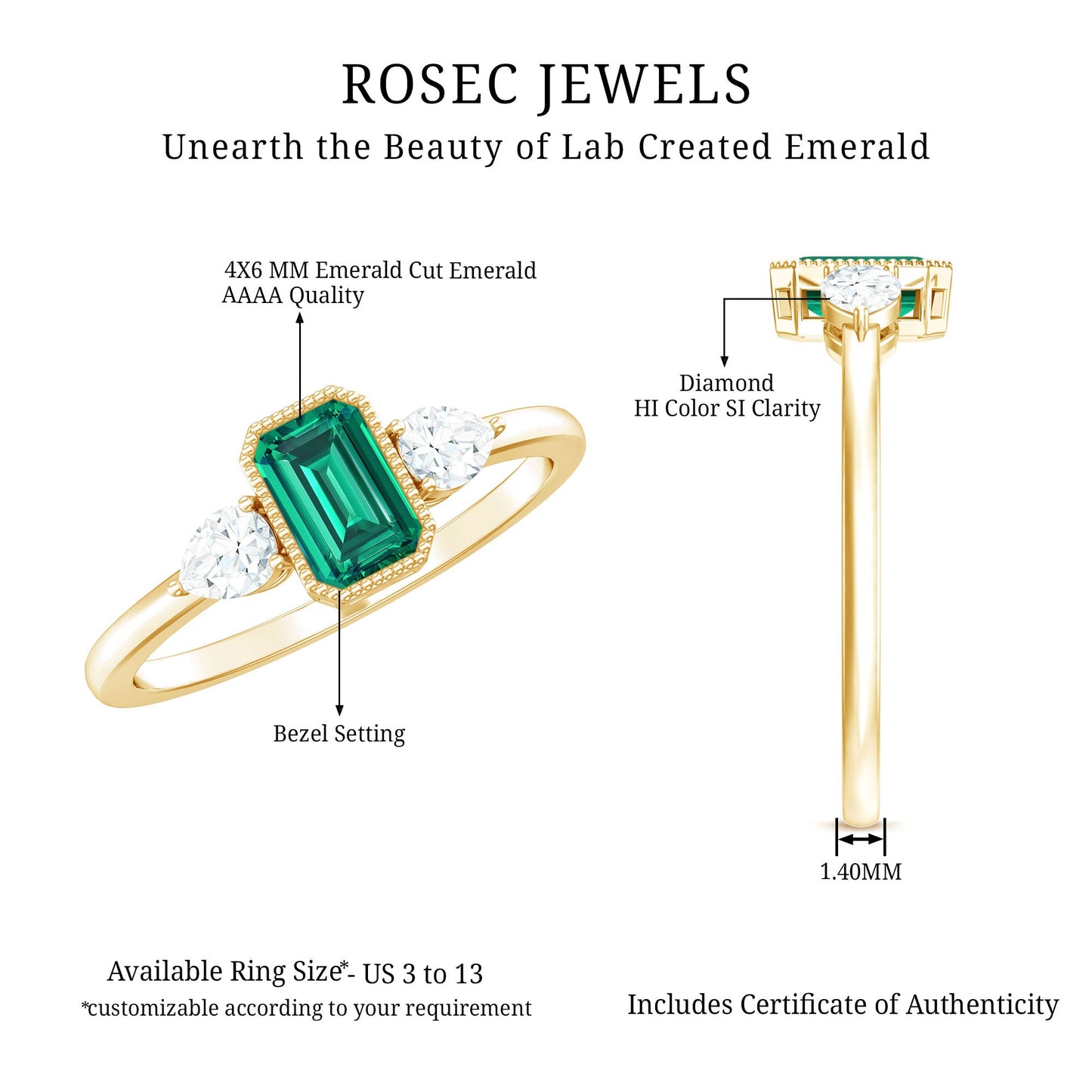 Emerald Cut Lab Grown Emerald Diamond Three Stone Ring with Beaded Details