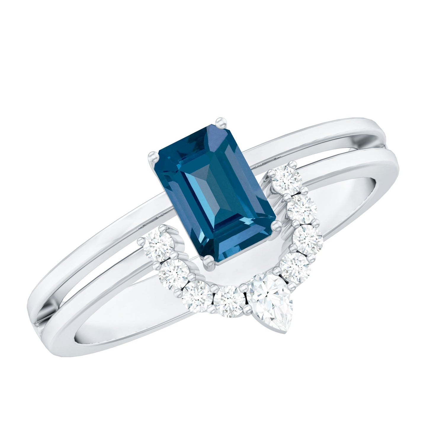 Emerald Cut London Blue Topaz Double Band Engagement Ring with Diamond