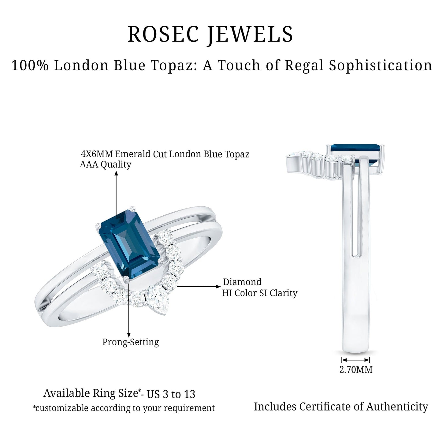 Emerald Cut London Blue Topaz Double Band Engagement Ring with Diamond