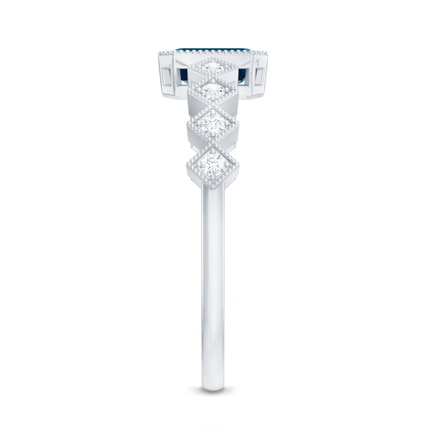 0.7 Carat Emerald Cut London Blue Topaz Engagement Ring with Beaded Details