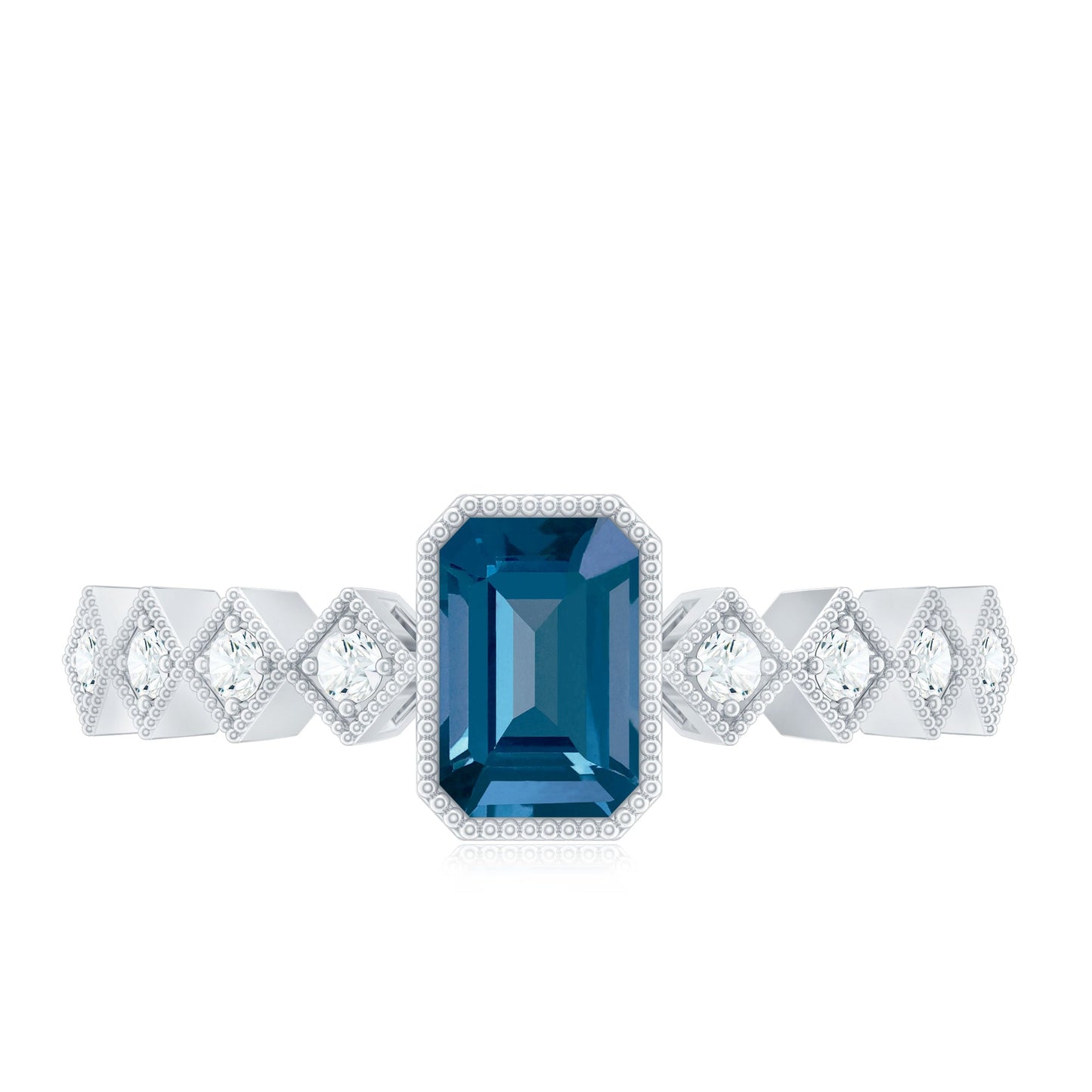0.7 Carat Emerald Cut London Blue Topaz Engagement Ring with Beaded Details