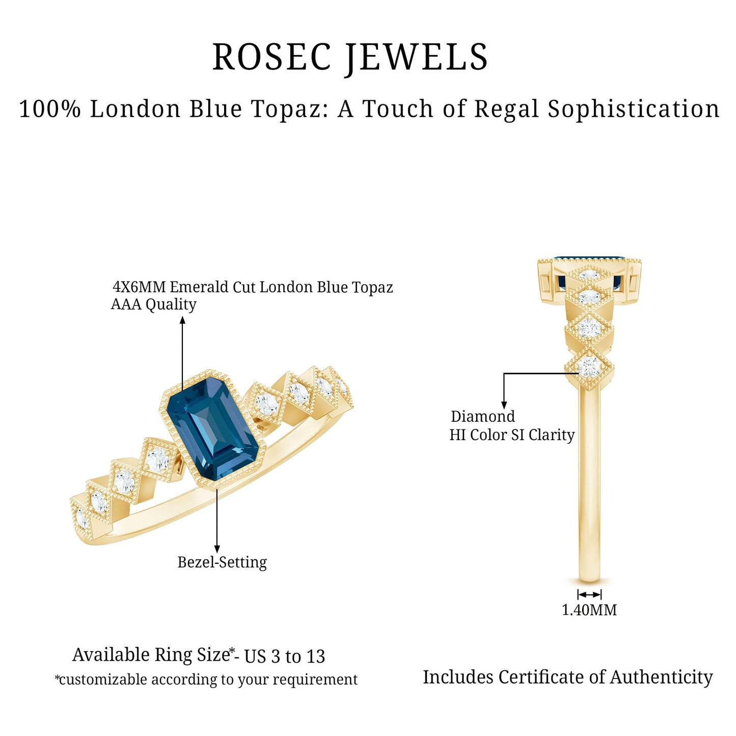0.7 Carat Emerald Cut London Blue Topaz Engagement Ring with Beaded Details