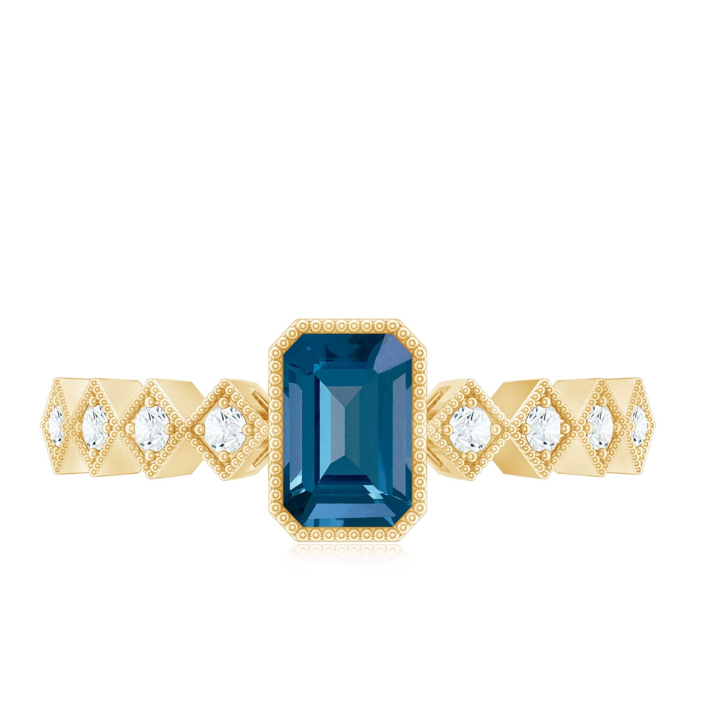 0.7 Carat Emerald Cut London Blue Topaz Engagement Ring with Beaded Details