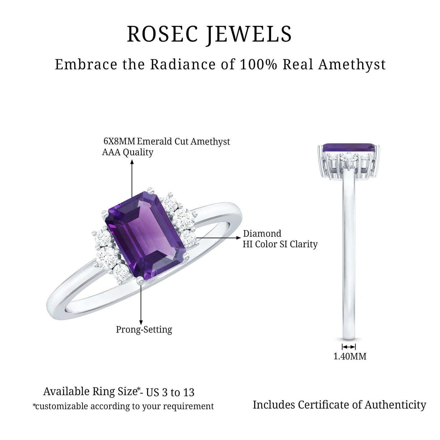 Octagon Cut Amethyst Solitaire Ring with Diamond Accent