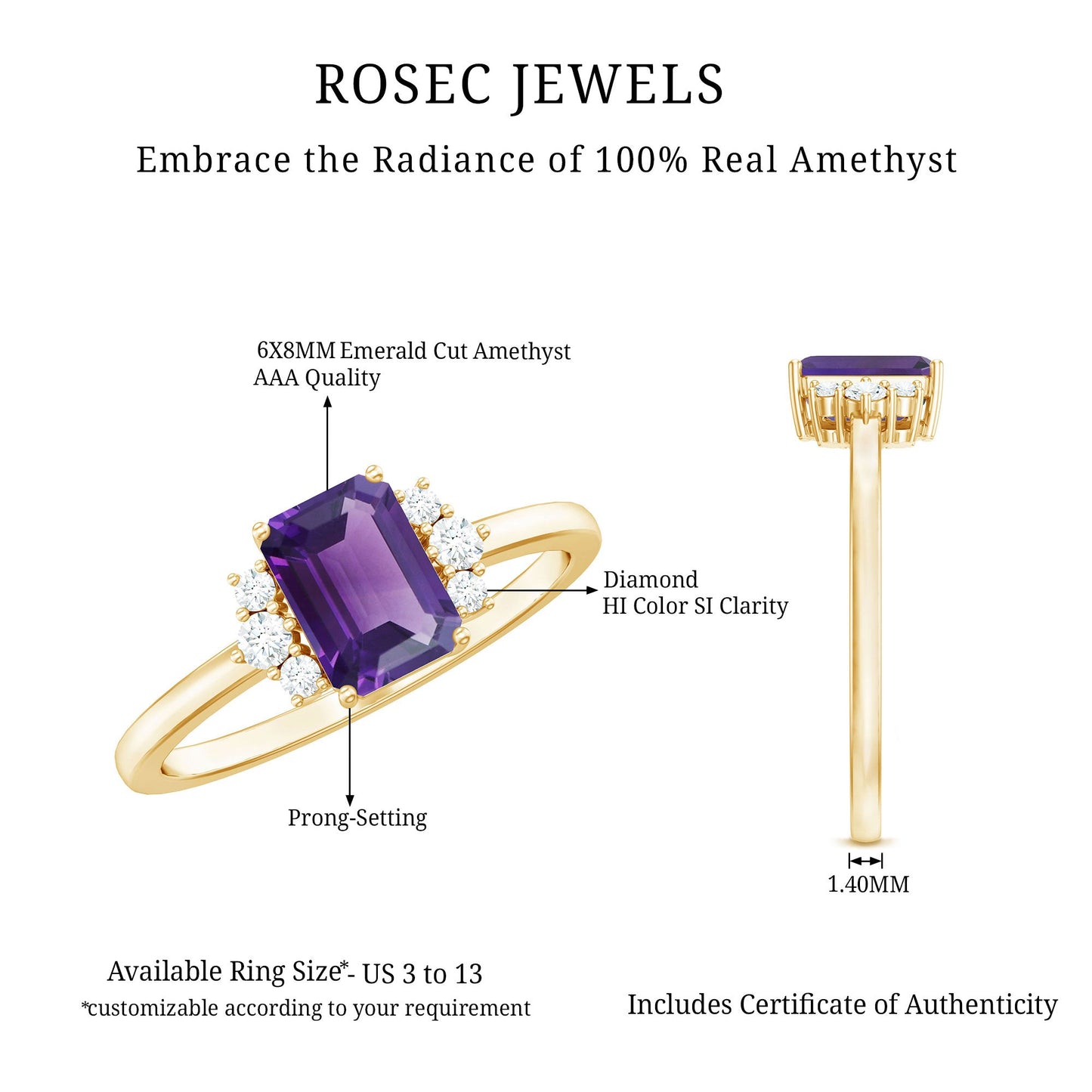 Octagon Cut Amethyst Solitaire Ring with Diamond Accent