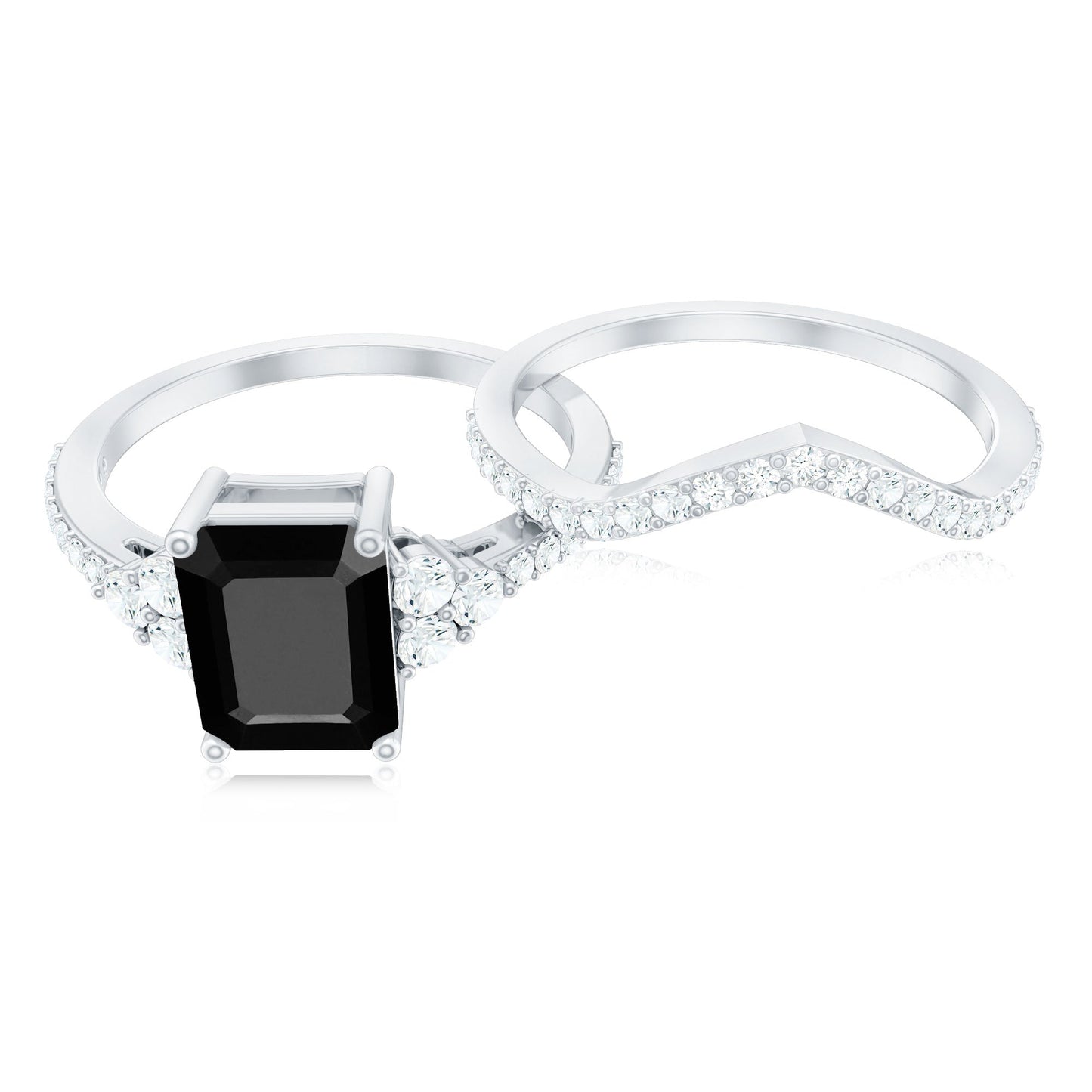 Certified 1.6 Carat Emerald Cut Lab Grown Black and White Diamond Wedding Ring Set