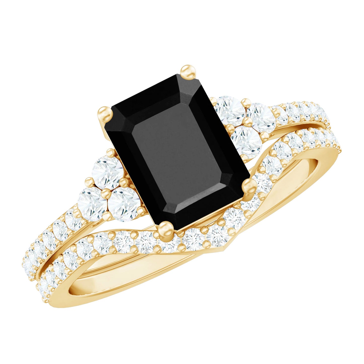 Certified 1.6 Carat Emerald Cut Lab Grown Black and White Diamond Wedding Ring Set