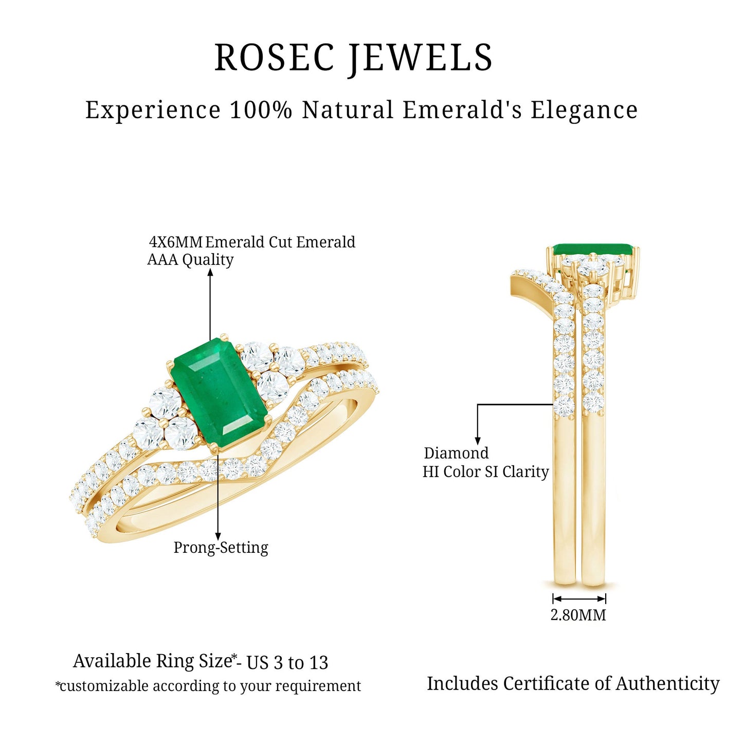 Genuine 0.6 Carat Emerald Cut Emerald Diamond Bridal Ring Set of 2