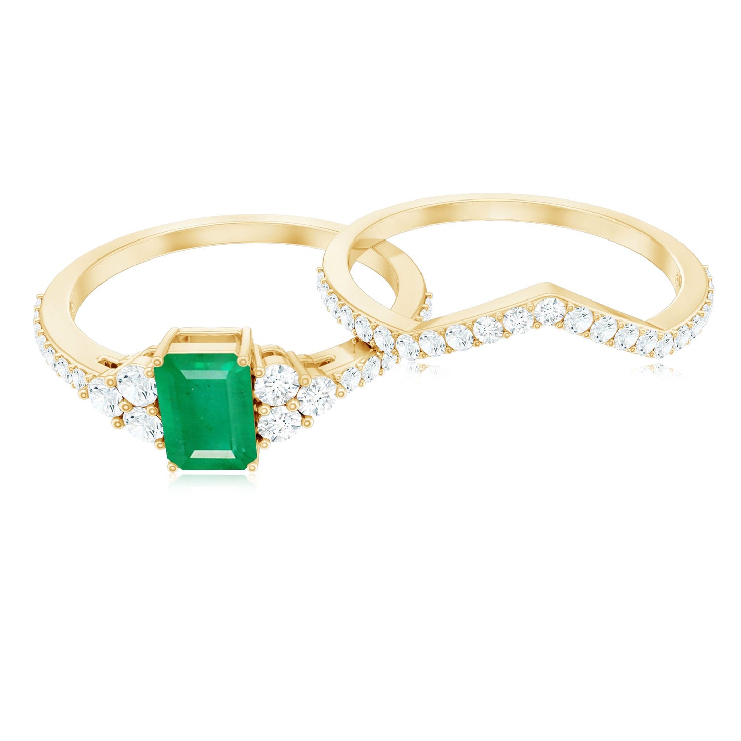 Genuine 0.6 Carat Emerald Cut Emerald Diamond Bridal Ring Set of 2