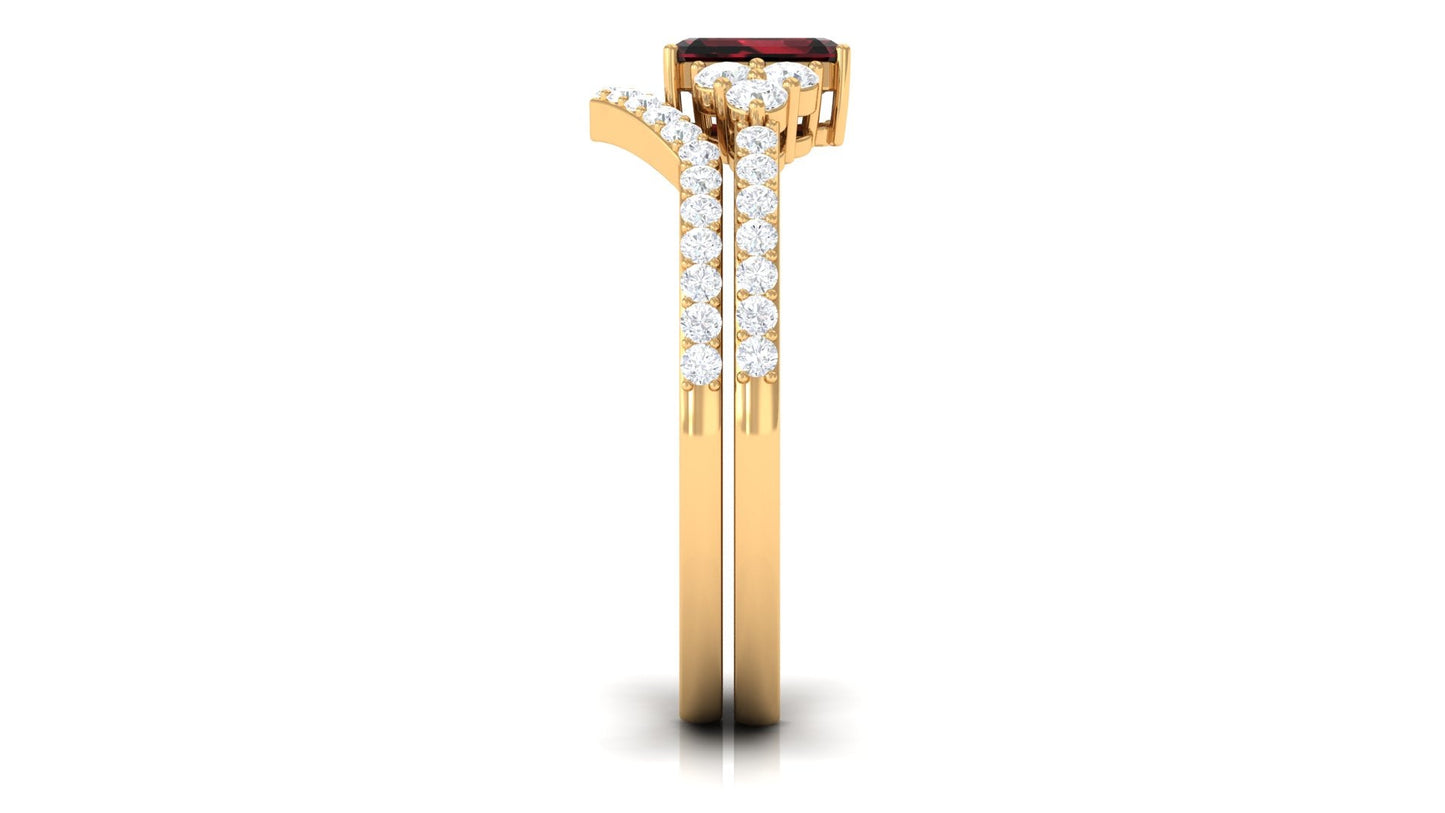 Natural Garnet Diamond Emerald Cut Engagement Wedding Ring Set