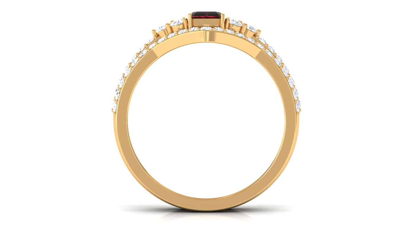 Natural Garnet Diamond Emerald Cut Engagement Wedding Ring Set
