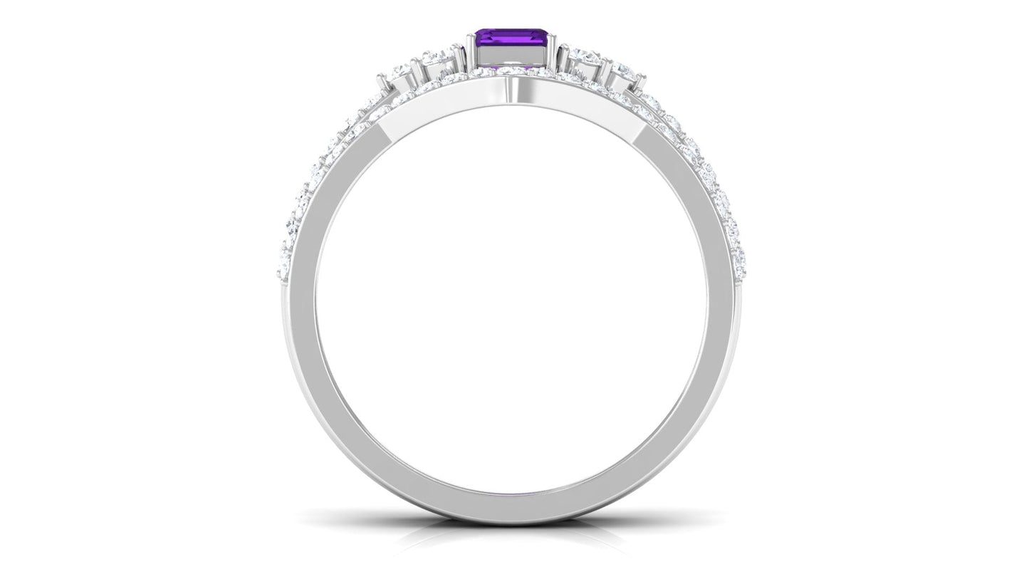 Genuine 1.4 Carat Emerald Cut Amethyst Wedding Ring Set with Diamond