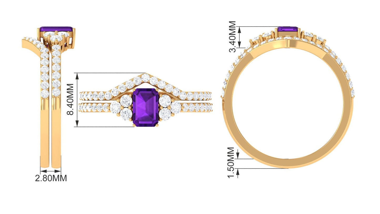 Genuine 1.4 Carat Emerald Cut Amethyst Wedding Ring Set with Diamond
