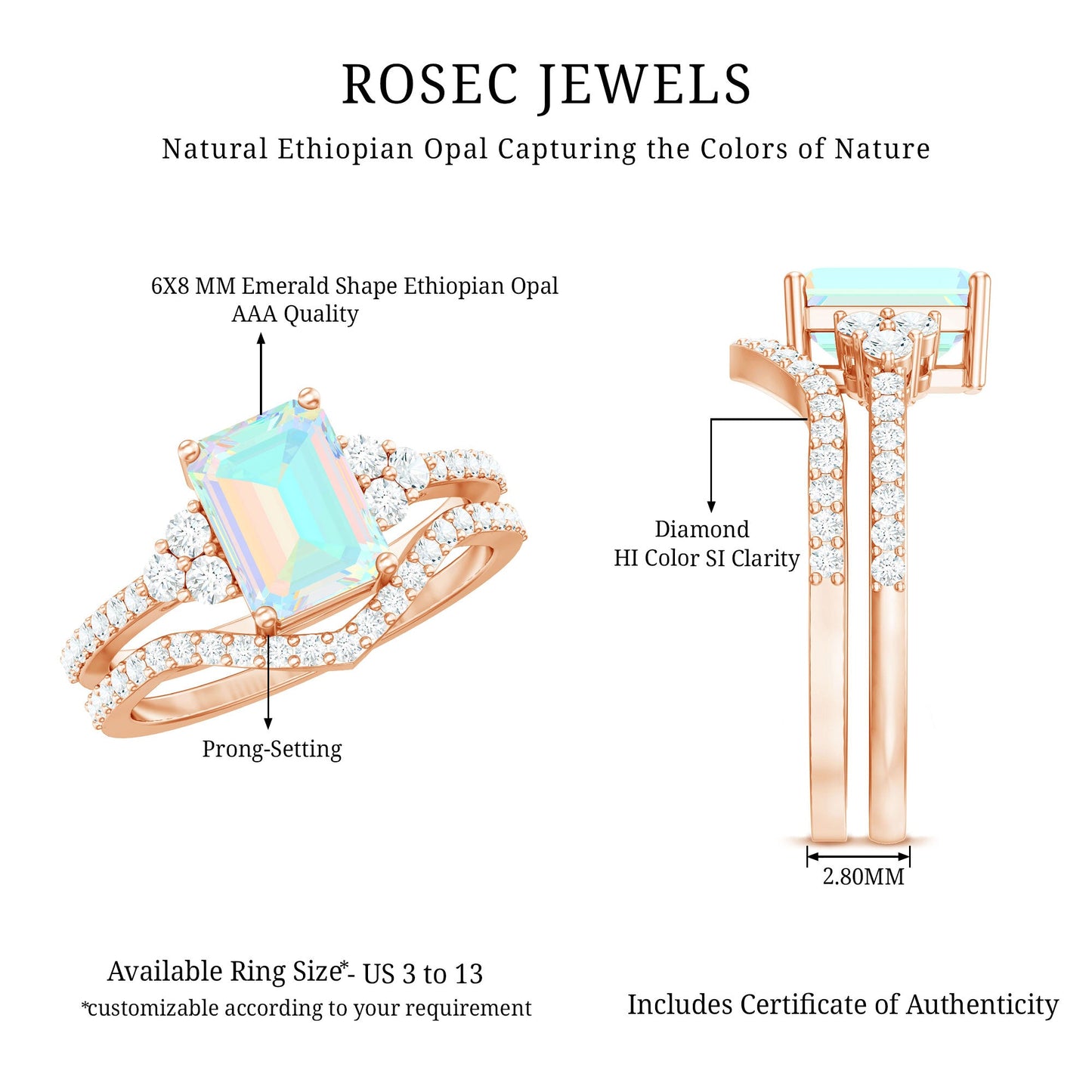 2 Carat Emerald Cut Ethiopian Opal Bridal Ring Set with Diamond Band