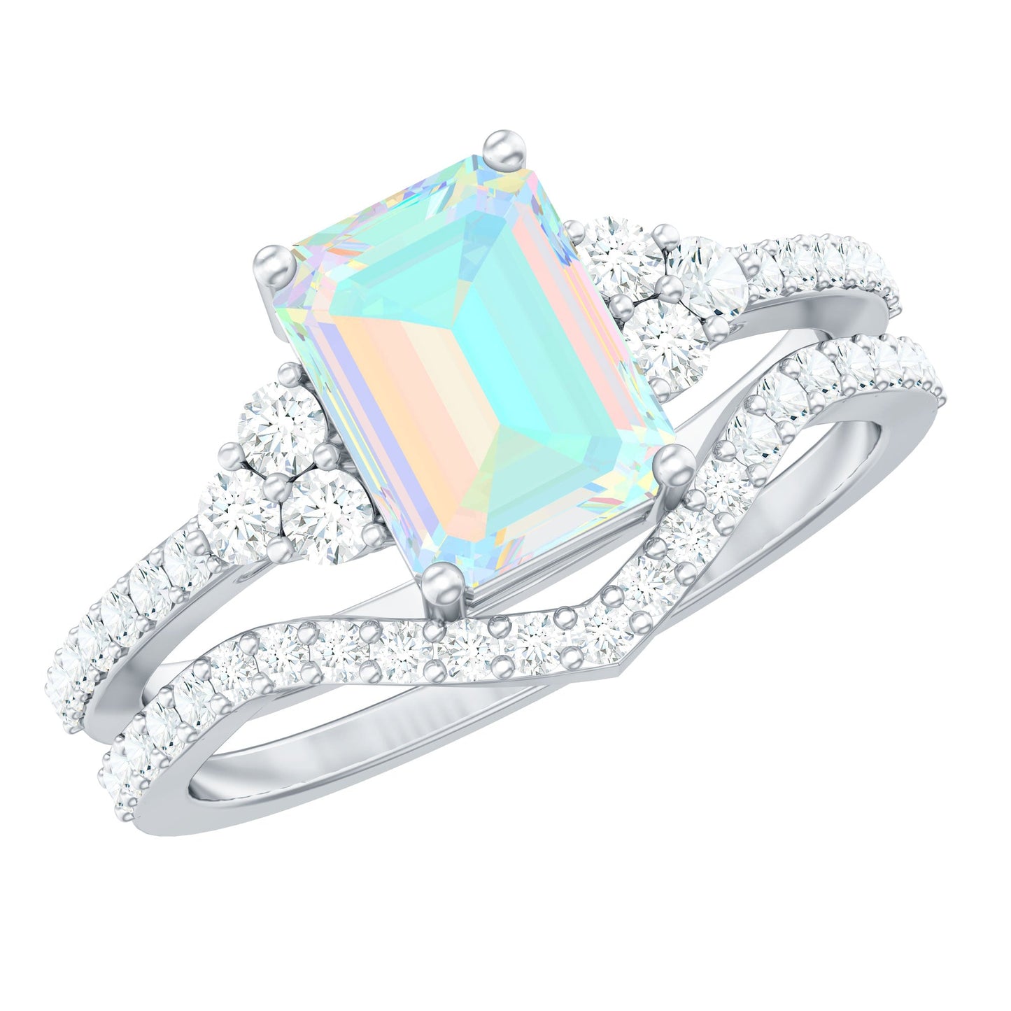 2 Carat Emerald Cut Ethiopian Opal Bridal Ring Set with Diamond Band
