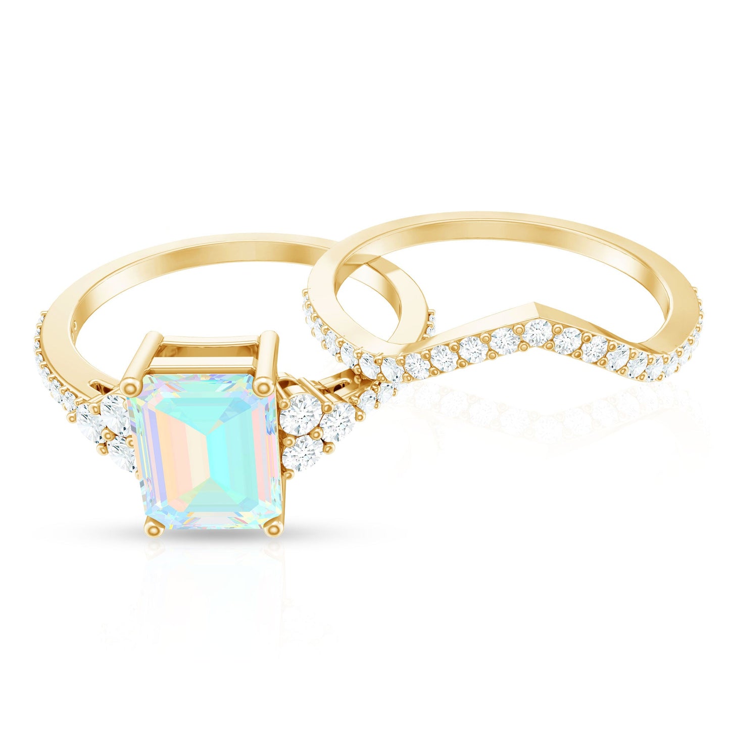 2 Carat Emerald Cut Ethiopian Opal Bridal Ring Set with Diamond Band