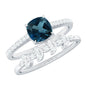 2.8 Carat Cushion Cut London Blue Topaz and Diamond Engagement Ring with Wedding Band