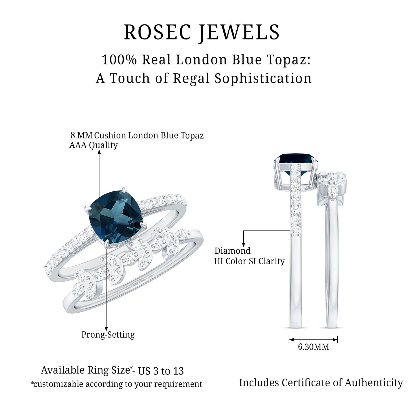 2.8 Carat Cushion Cut London Blue Topaz and Diamond Engagement Ring with Wedding Band
