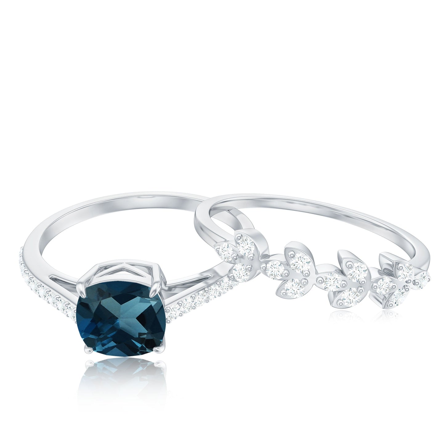 2.8 Carat Cushion Cut London Blue Topaz and Diamond Engagement Ring with Wedding Band