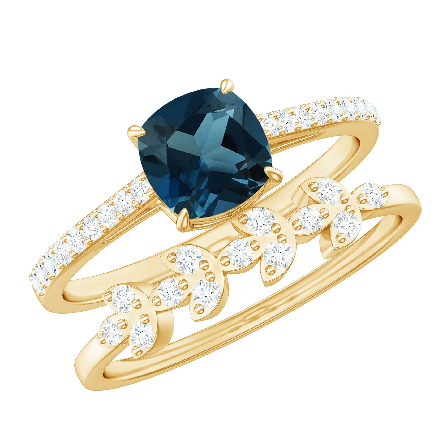 2.8 Carat Cushion Cut London Blue Topaz and Diamond Engagement Ring with Wedding Band