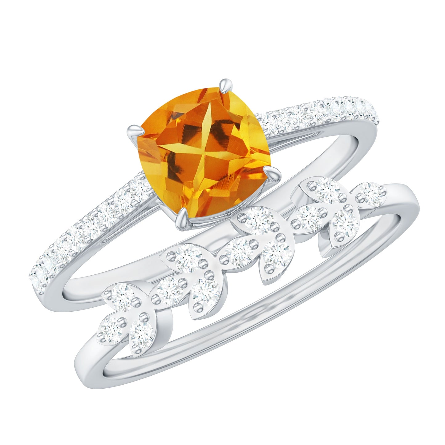 Certified 2.2 Carat Citrine and Diamond Wedding Bridal Ring Set of 2
