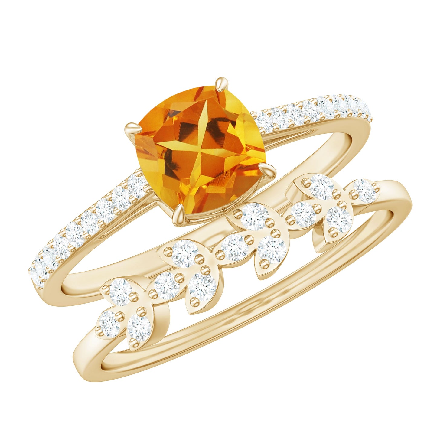 Certified 2.2 Carat Citrine and Diamond Wedding Bridal Ring Set of 2