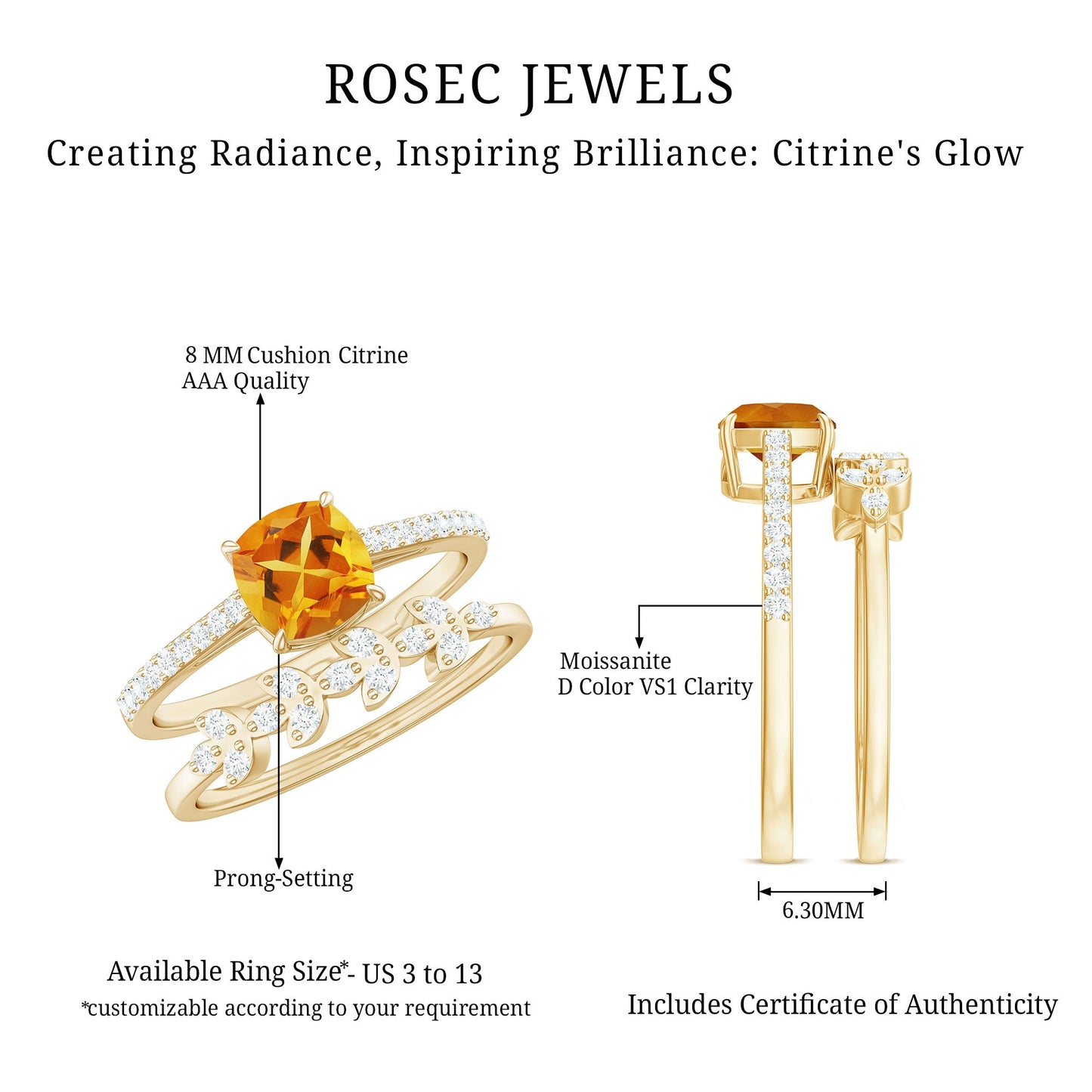 Certified 2.2 Carat Citrine and Diamond Wedding Bridal Ring Set of 2