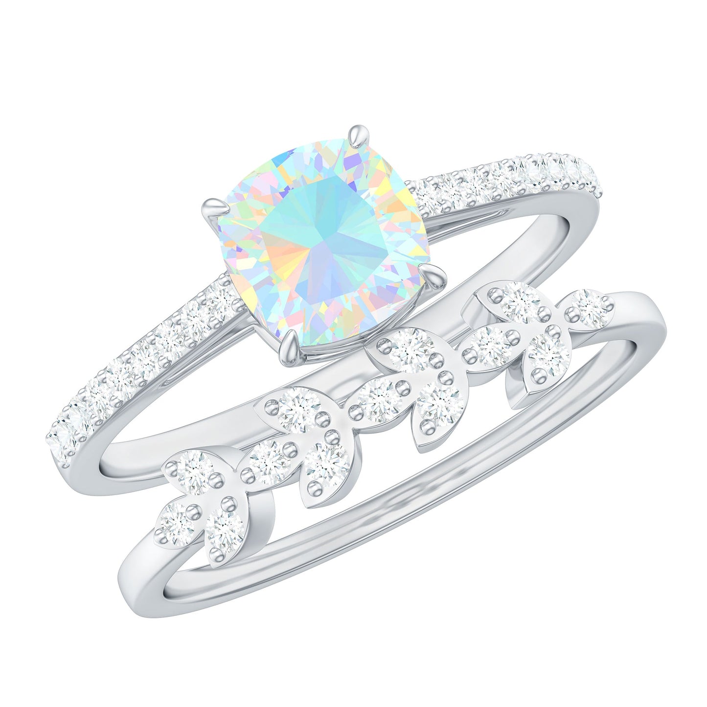 0.8 Carat Cushion Cut Ethiopian Opal Solitaire Ring Set with Diamond Stackable Band